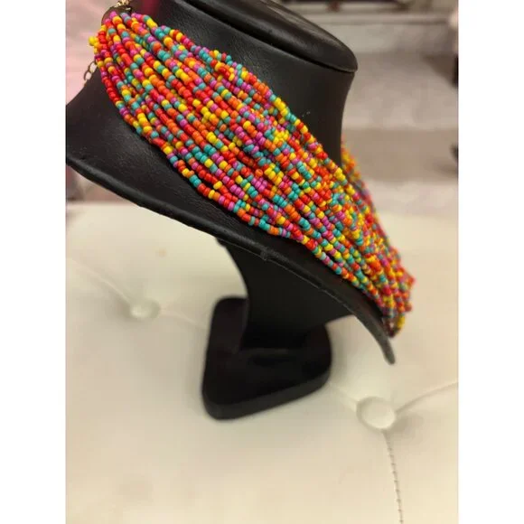 Vintage Rainbow Beaded Torsade Necklace Multi-Strand Statement Y2K - Picture 7 of 8